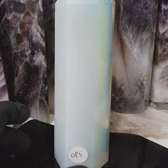 Opalite crystal point tower polished milky blue glow 15cm