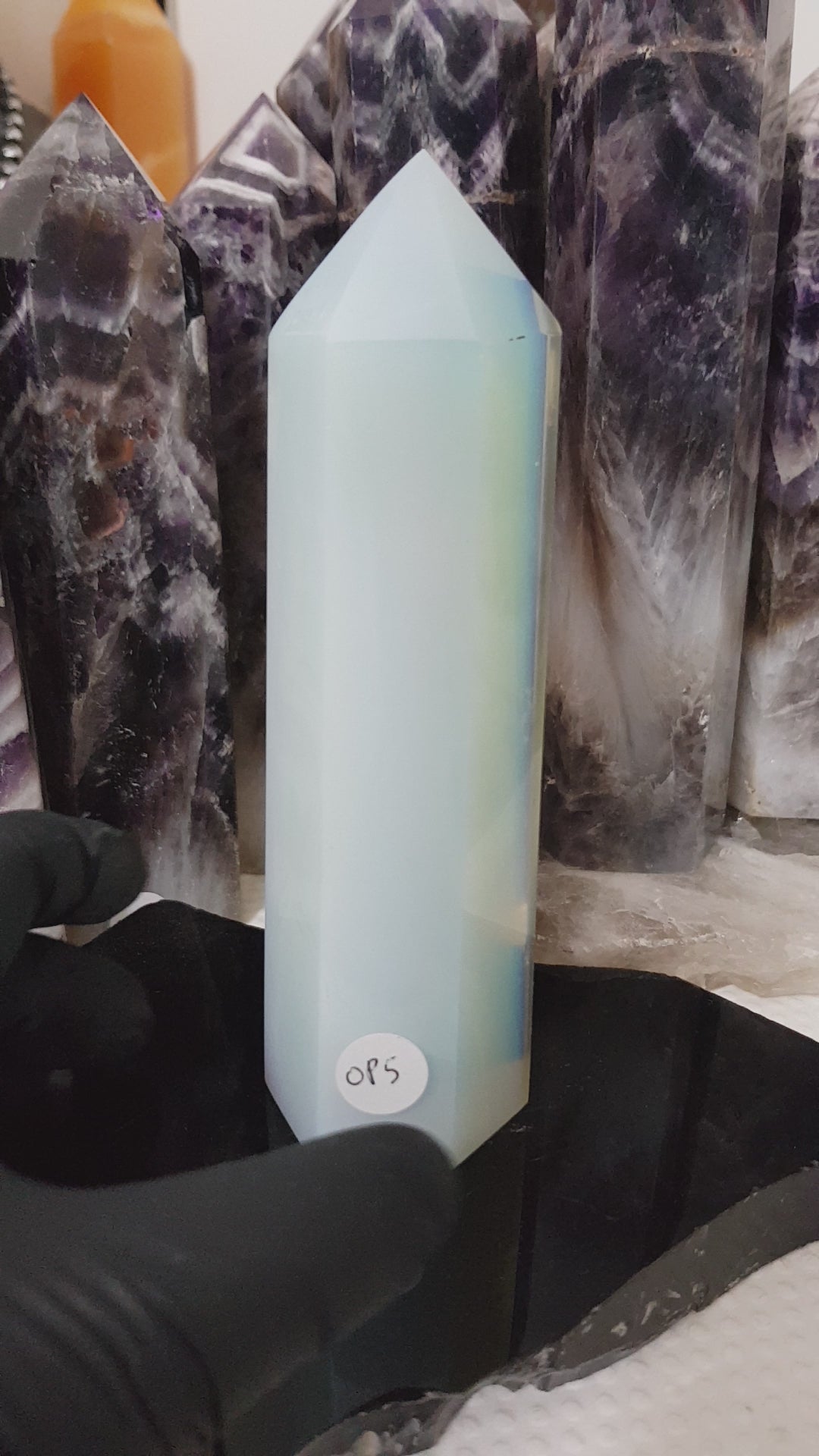 Opalite crystal point tower polished milky blue glow 15cm