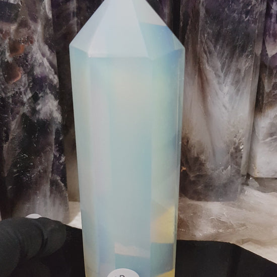 Opalite crystal point tower polished milky blue glow 13.5cm