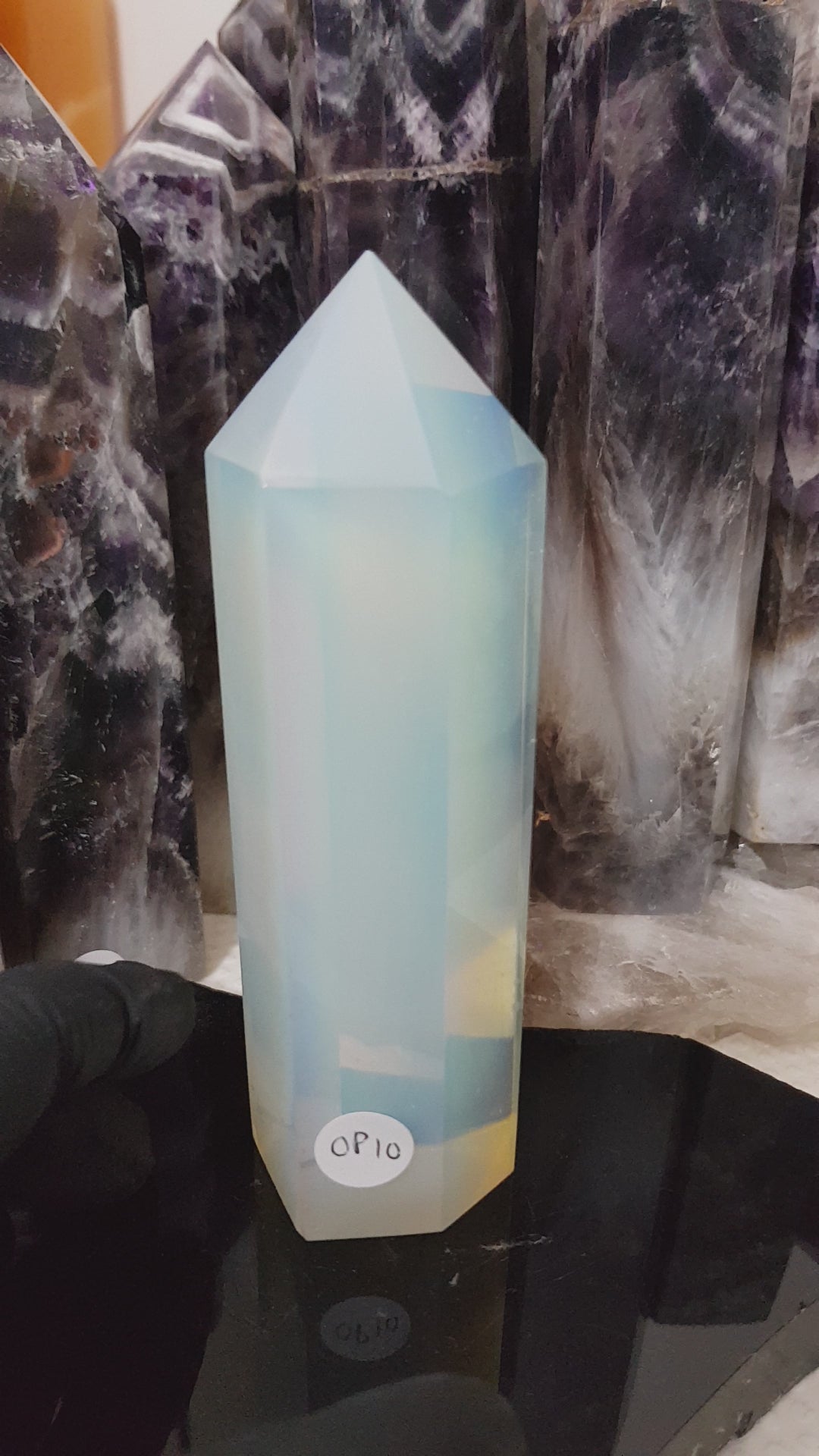 Opalite crystal point tower polished milky blue glow 13.5cm