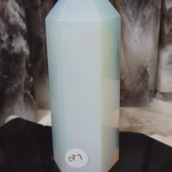 Opalite crystal point tower polished milky blue glow 13cm