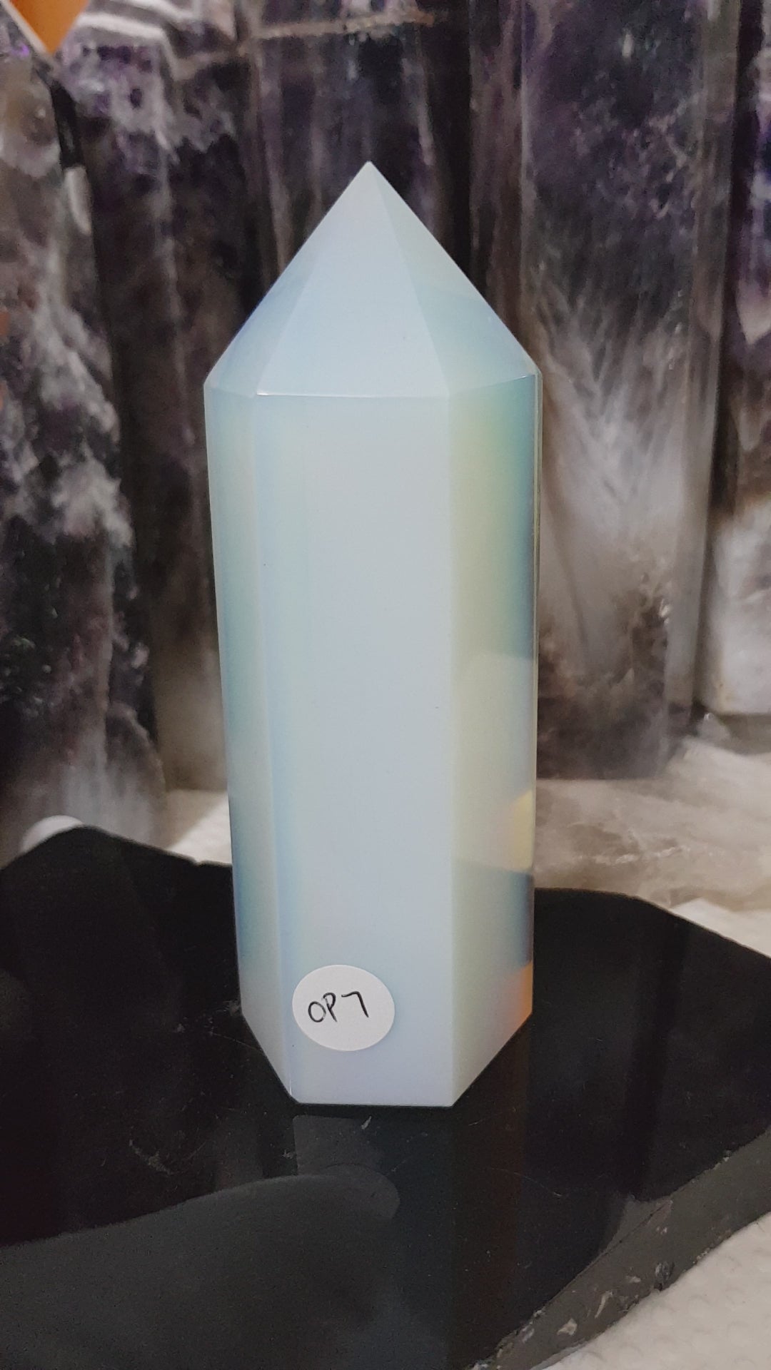 Opalite crystal point tower polished milky blue glow 13cm