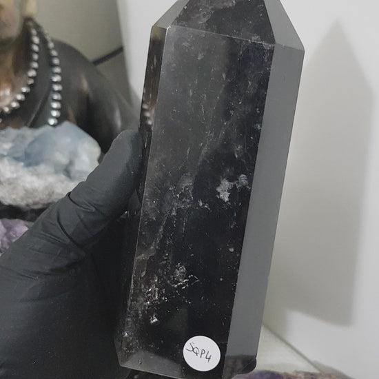 Brazil Smoky Quartz crystal point tower polished standing point 16.5cm with very dark brown to near-black smoky tones