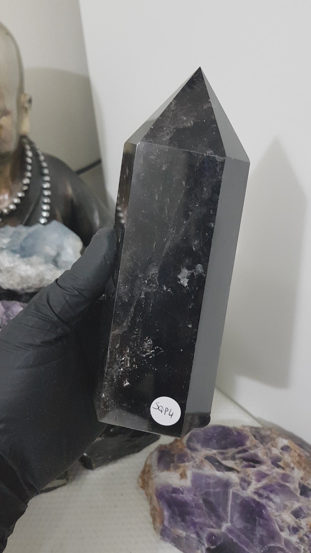 Brazil Smoky Quartz crystal point tower polished standing point 16.5cm with very dark brown to near-black smoky tones