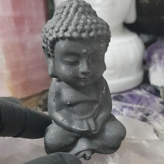 Polished Shungite crystal buddha carving matte black 8cm