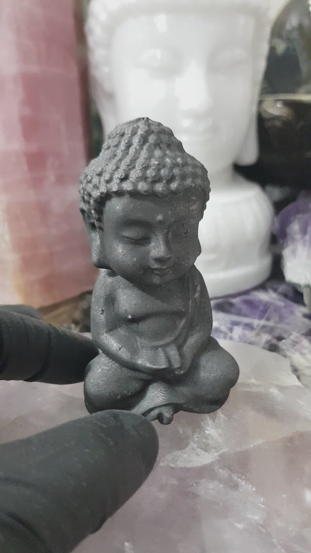 Polished Shungite crystal buddha carving matte black 8cm