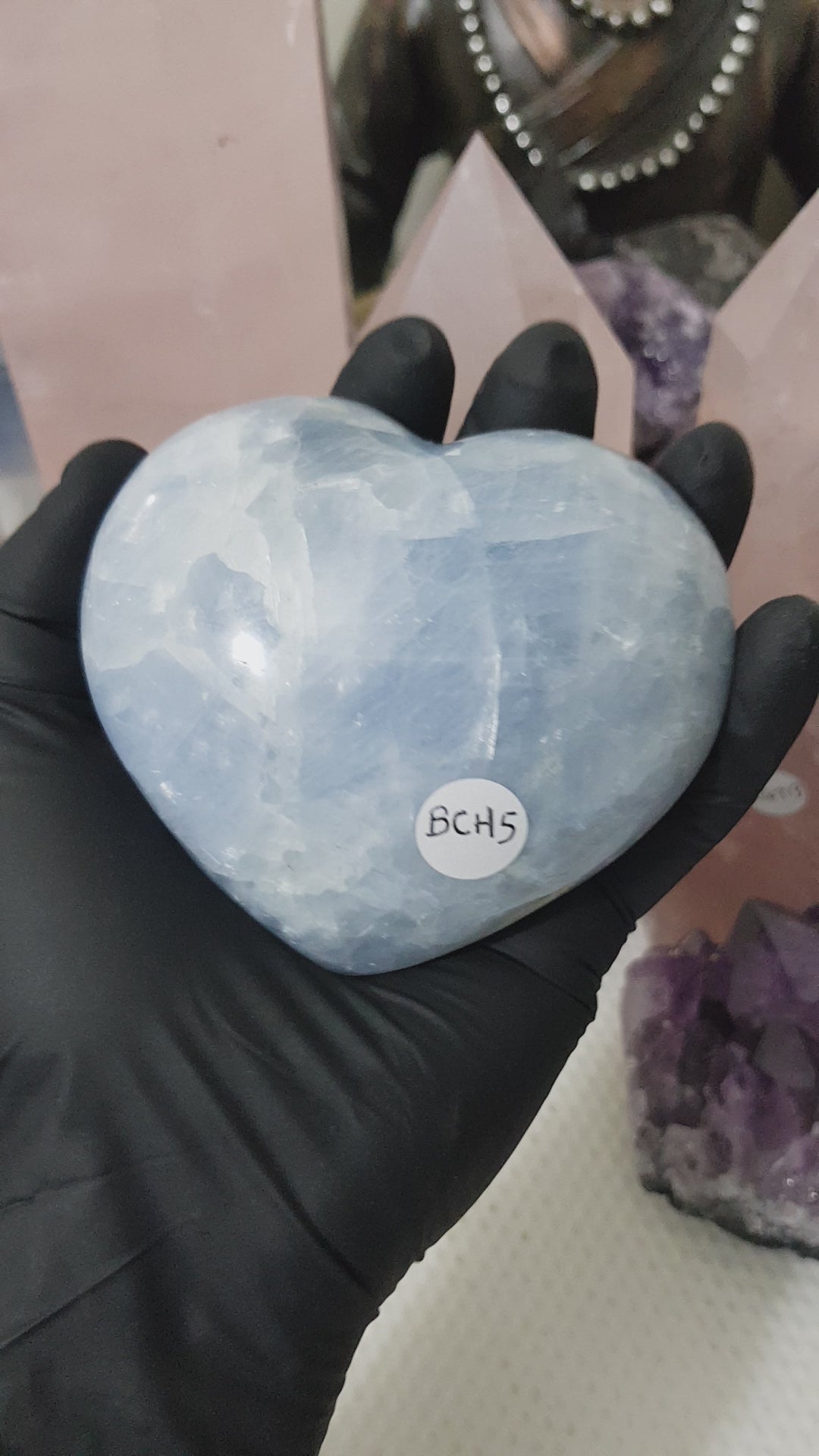 Blue calcite crystal heart polished sky blue 423g