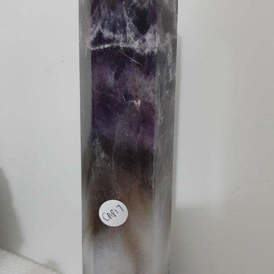 Chevron amethyst crystal point tower polished Brazil deep purple chevron banding 20.5cm