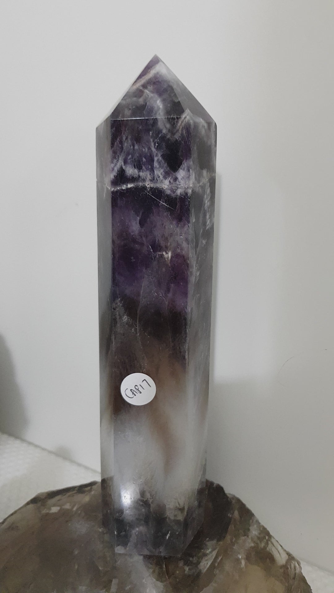Chevron amethyst crystal point tower polished Brazil deep purple chevron banding 20.5cm