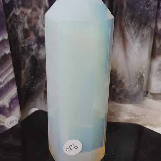 Opalite crystal point tower polished milky blue glow 14.5cm