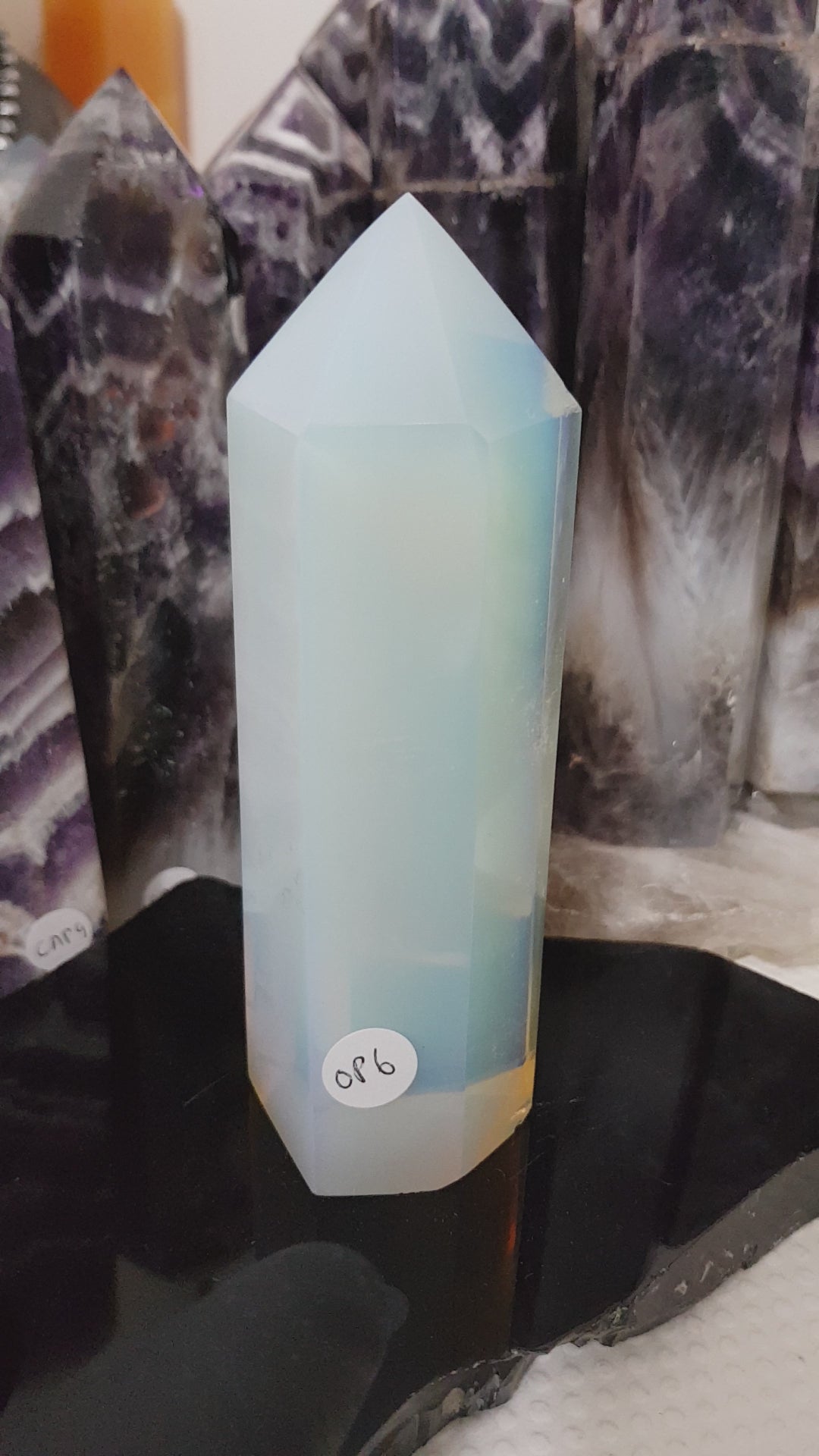 Opalite crystal point tower polished milky blue glow 14.5cm