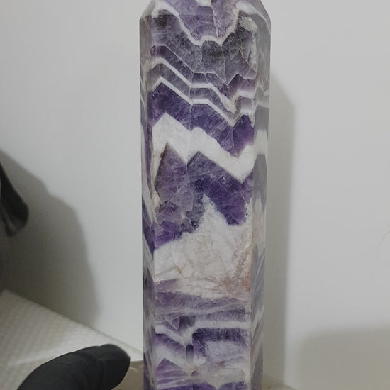 Chevron amethyst crystal point tower polished Brazil deep purple chevron banding 18.5cm
