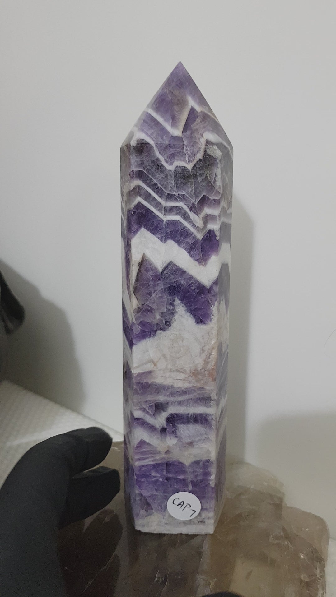 Chevron amethyst crystal point tower polished Brazil deep purple chevron banding 18.5cm