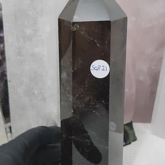Polished Brazilian Smoky Quartz crystal point tower. Smoky brown standing crystal point 21cm