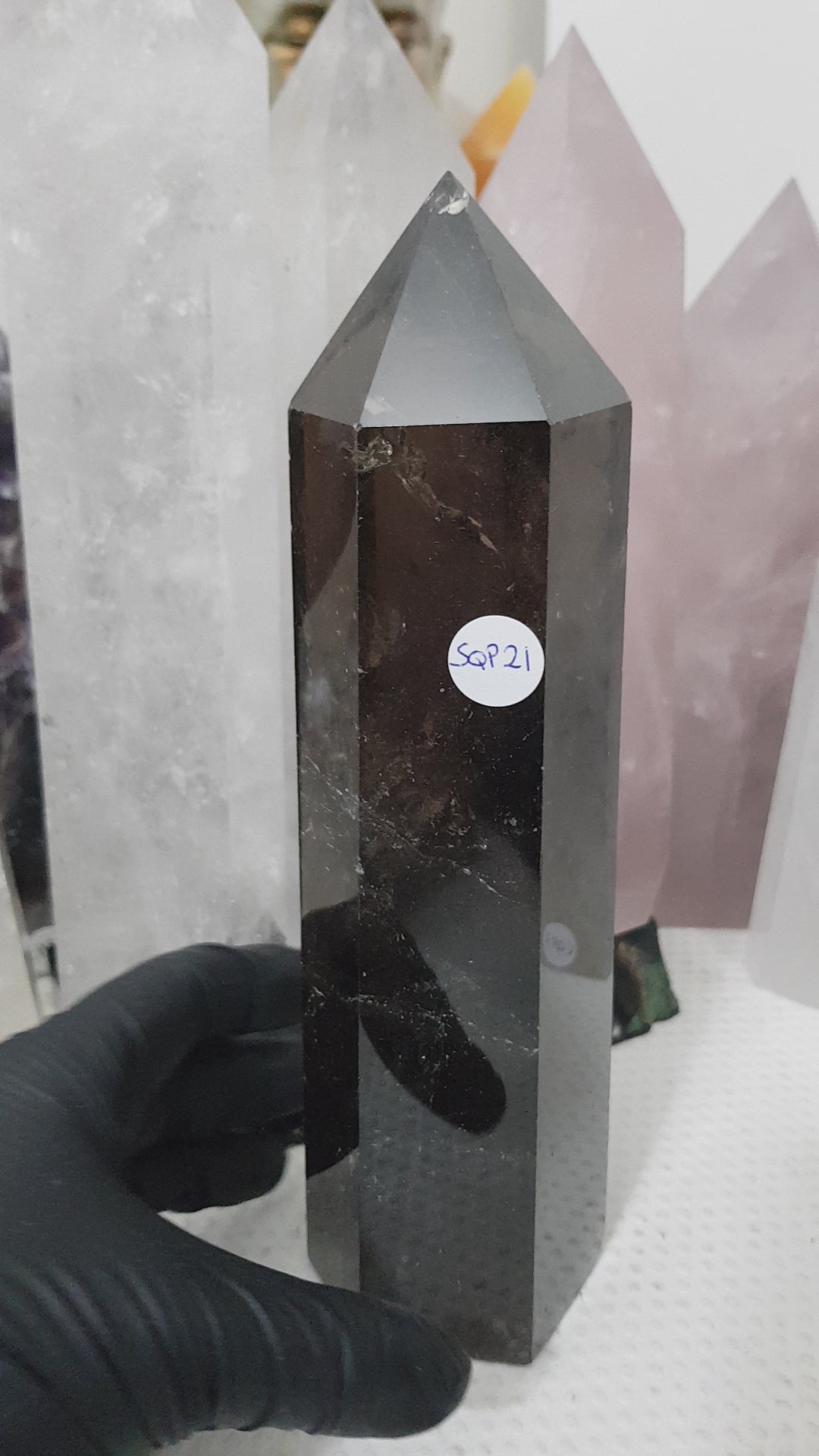 Polished Brazilian Smoky Quartz crystal point tower. Smoky brown standing crystal point 21cm