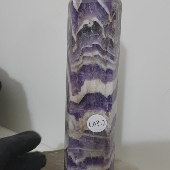 Chevron amethyst crystal point tower polished Brazil deep purple chevron banding 17.5cm