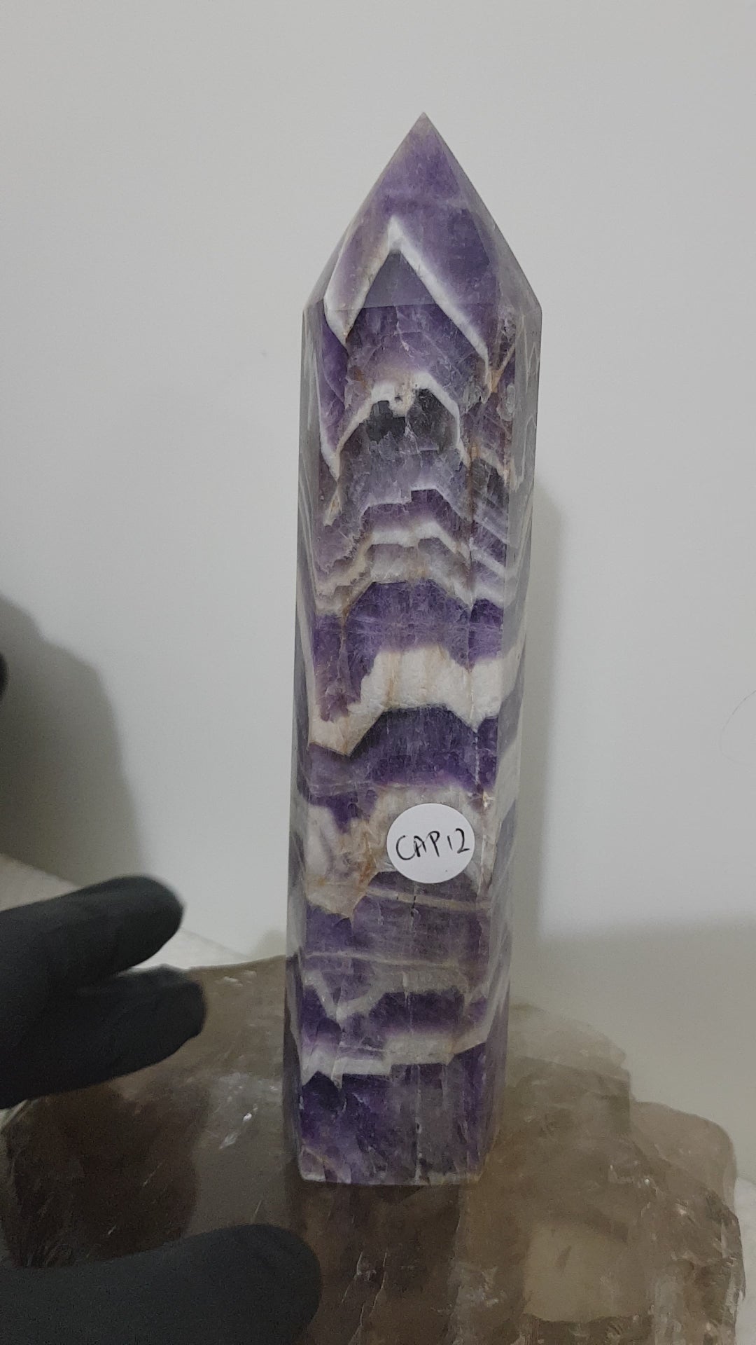Chevron amethyst crystal point tower polished Brazil deep purple chevron banding 17.5cm
