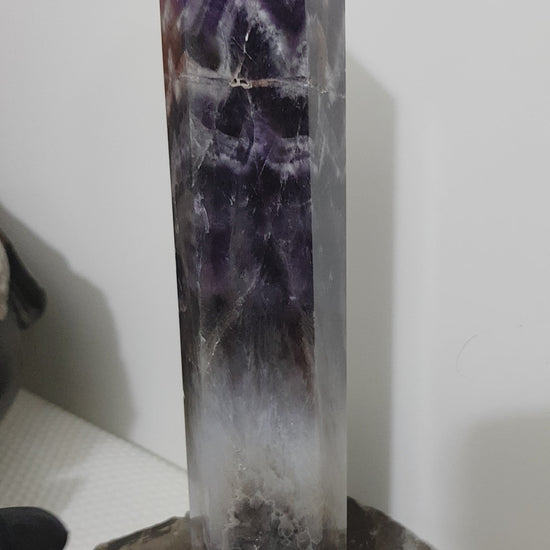 Chevron amethyst crystal point tower polished Brazil deep purple chevron banding 21.5cm