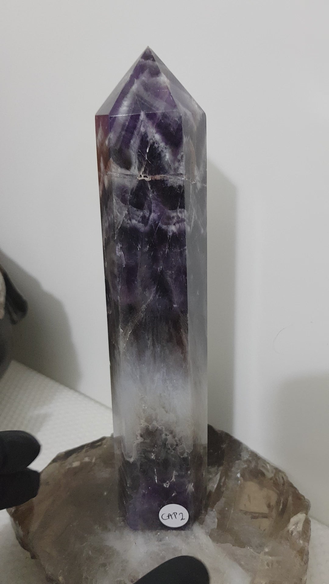 Chevron amethyst crystal point tower polished Brazil deep purple chevron banding 21.5cm