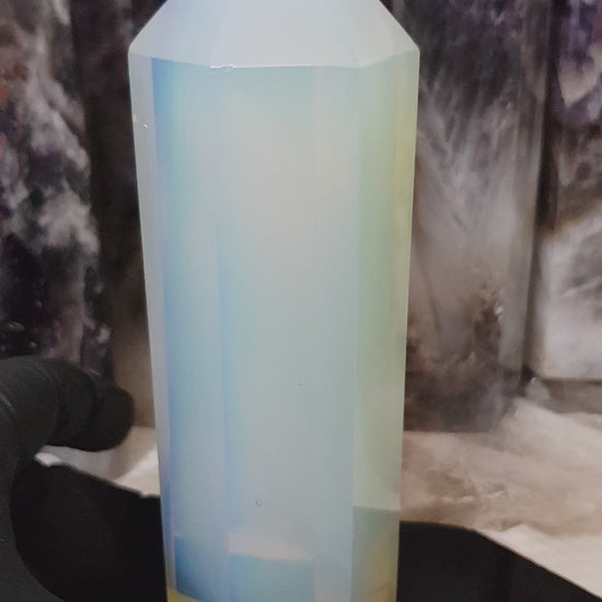 Opalite crystal point tower polished milky blue glow 14cm