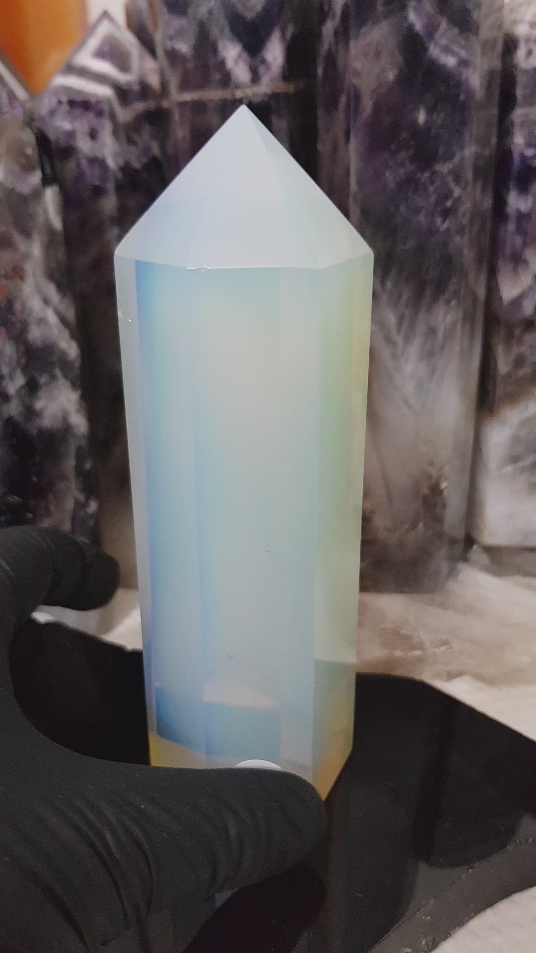 Opalite crystal point tower polished milky blue glow 14cm