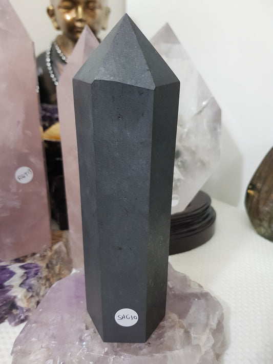 Shungite crystal point tower polished matte black standing point 18.5cm