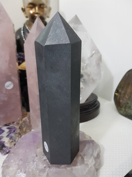 Shungite crystal point tower polished matte black standing point 18.5cm