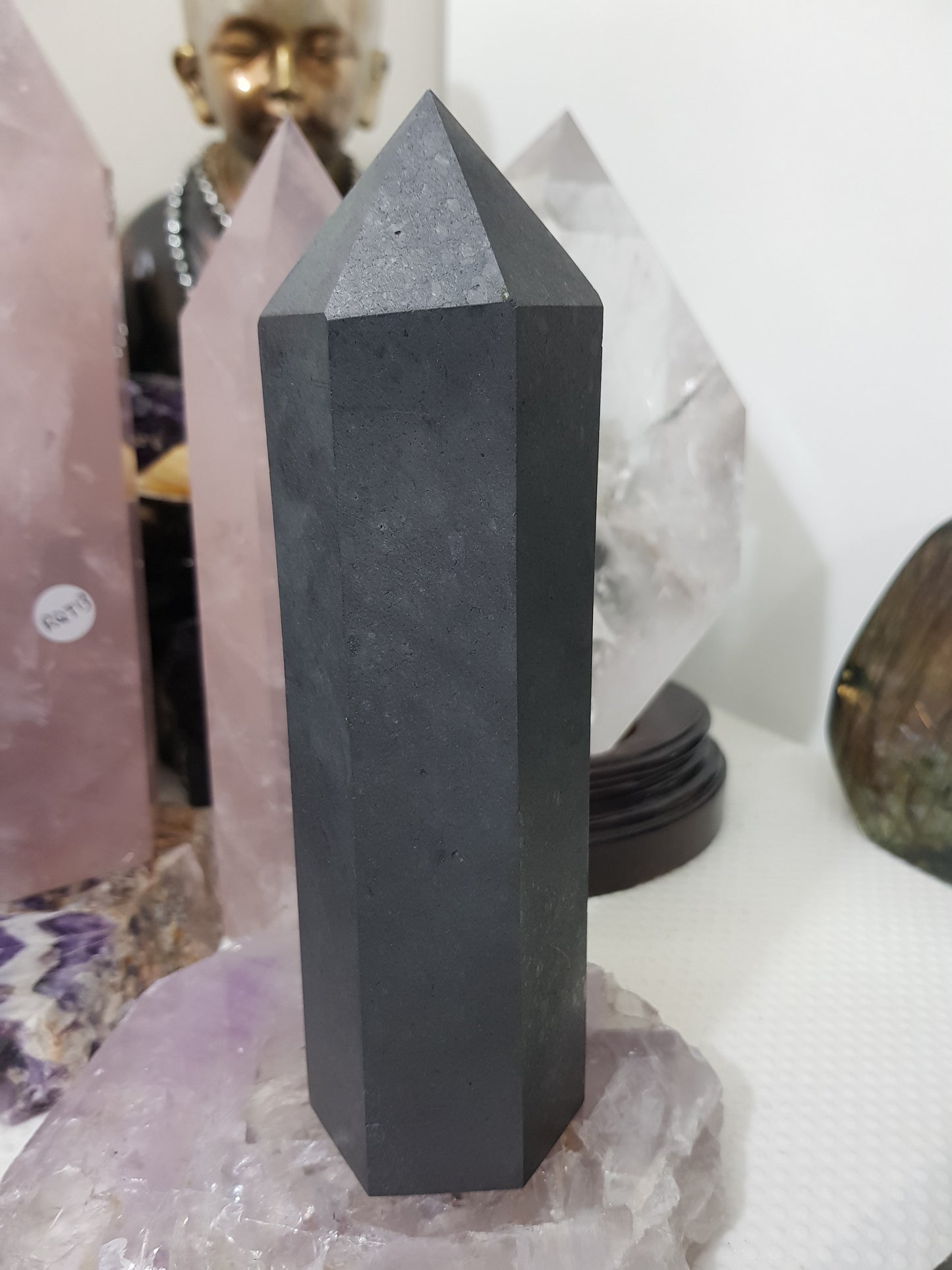 Shungite crystal point tower polished matte black standing point 18.5cm