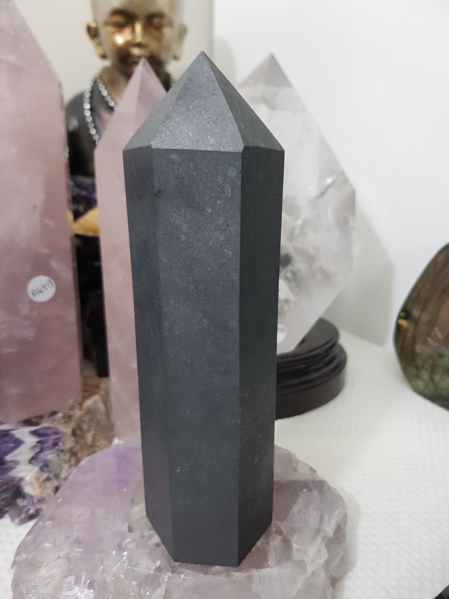 Shungite crystal point tower polished matte black standing point 18.5cm