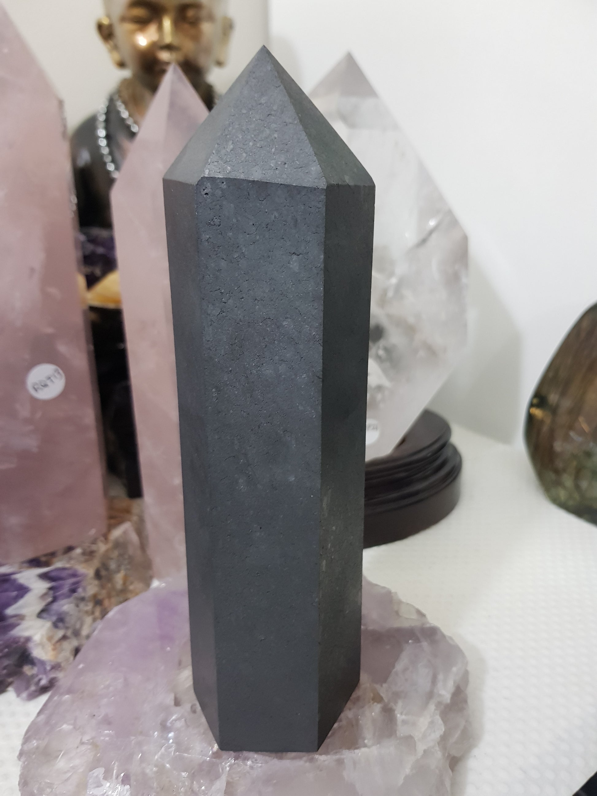 Shungite crystal point tower polished matte black standing point 18.5cm