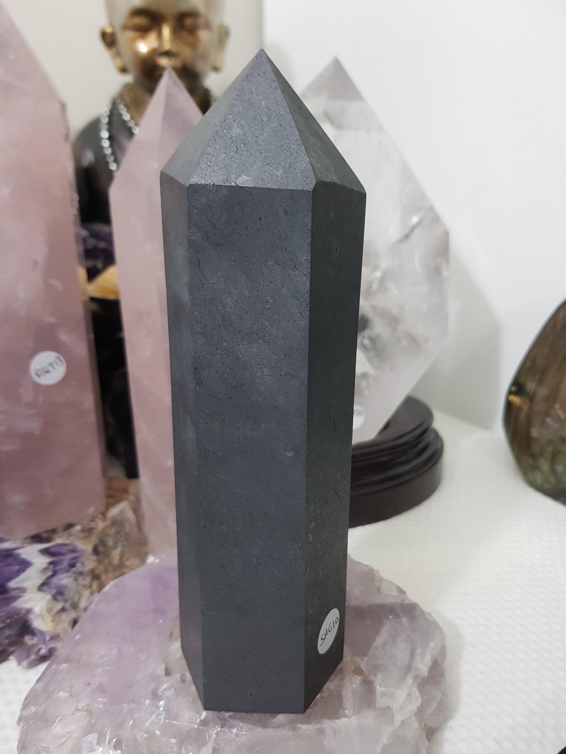 Shungite crystal point tower polished matte black standing point 18.5cm