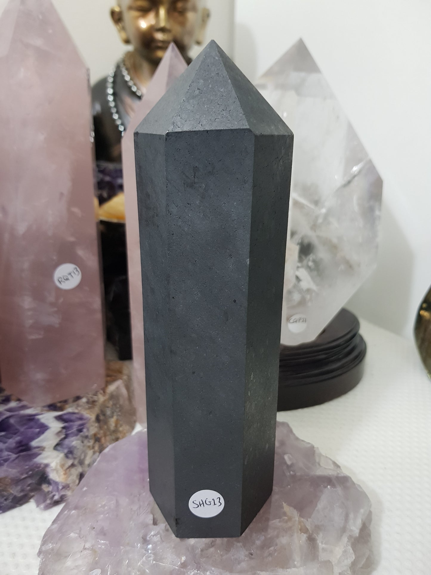 Shungite crystal point tower polished matte black standing point 18.5cm