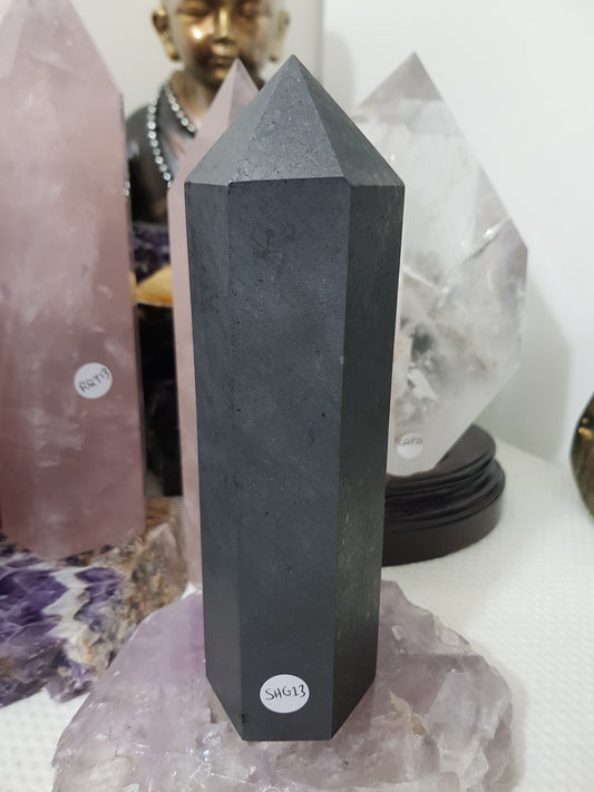 Shungite crystal point tower polished matte black standing point 18.5cm