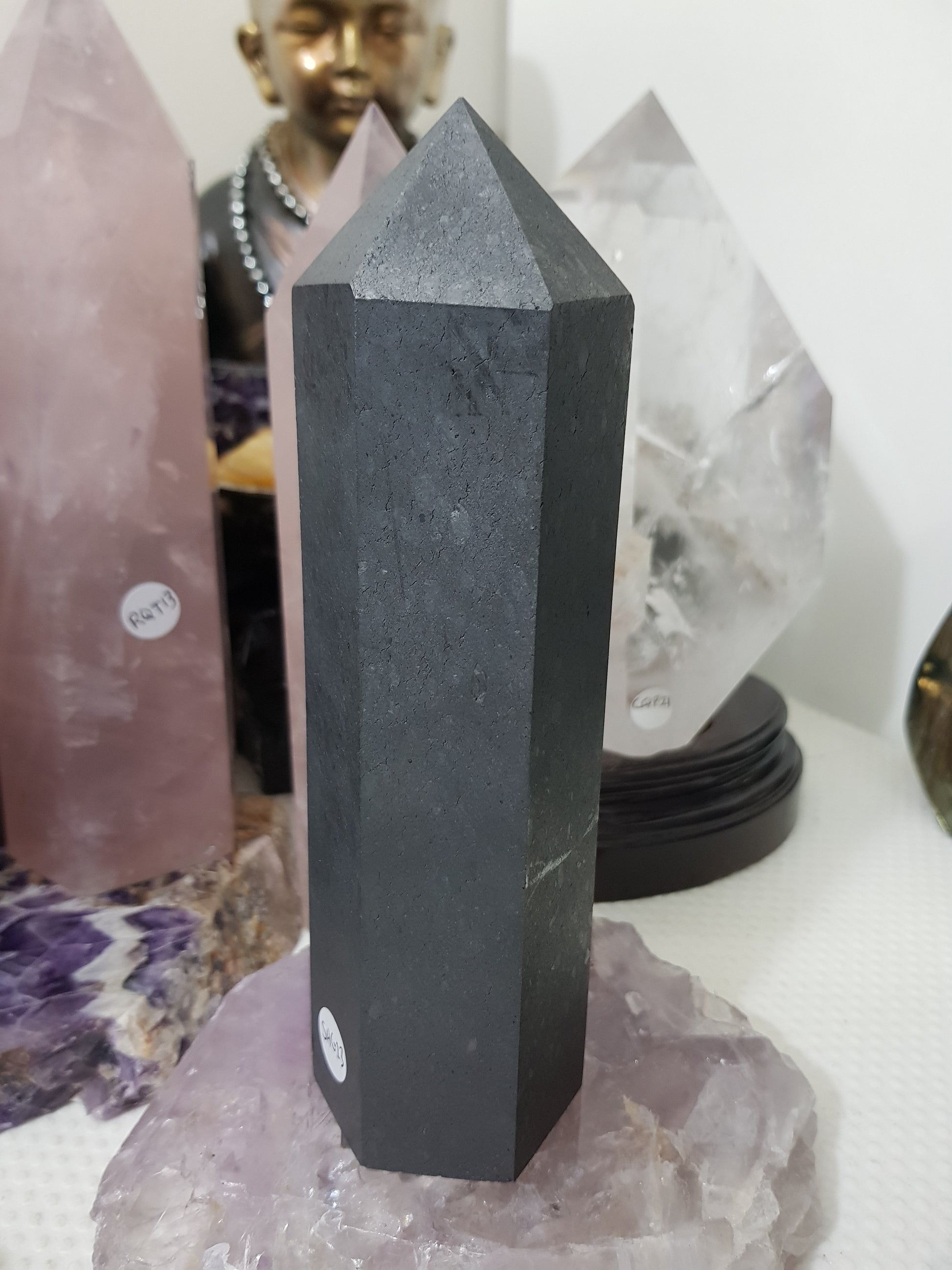 Shungite crystal point tower polished matte black standing point 18.5cm