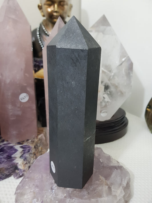 Shungite crystal point tower polished matte black standing point 18.5cm