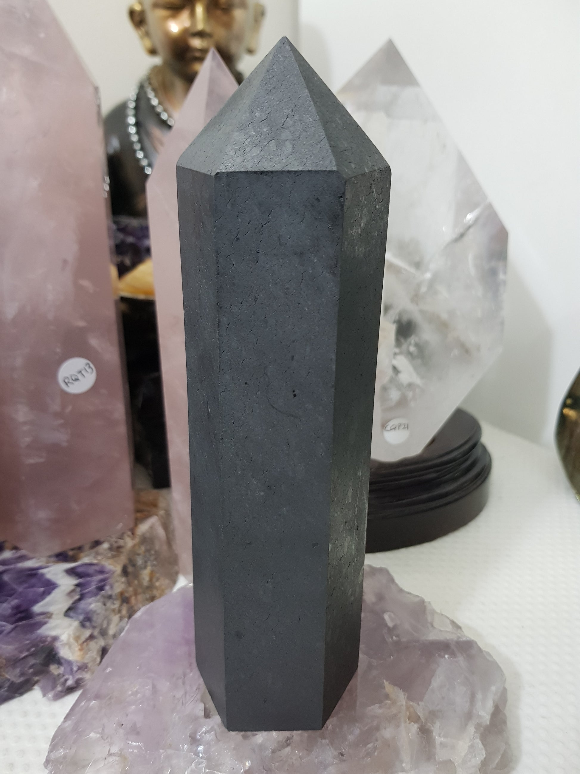 Shungite crystal point tower polished matte black standing point 18.5cm