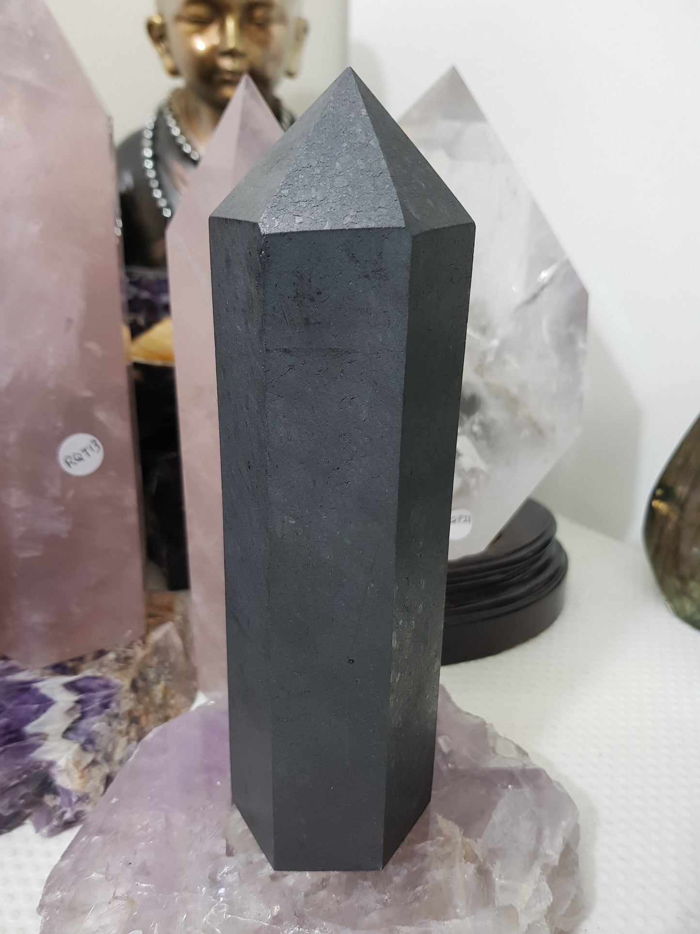 Shungite crystal point tower polished matte black standing point 18.5cm