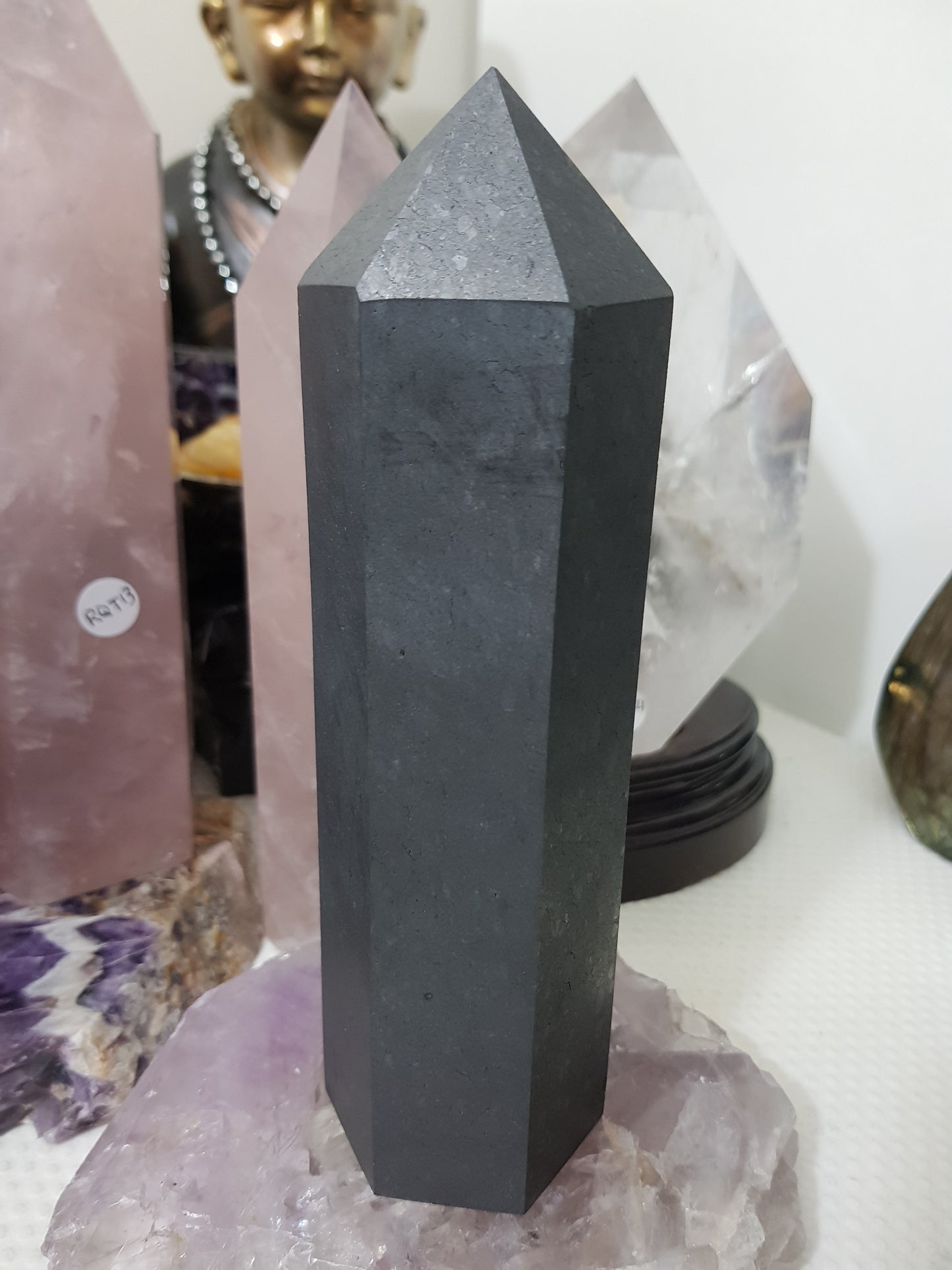 Shungite crystal point tower polished matte black standing point 18.5cm