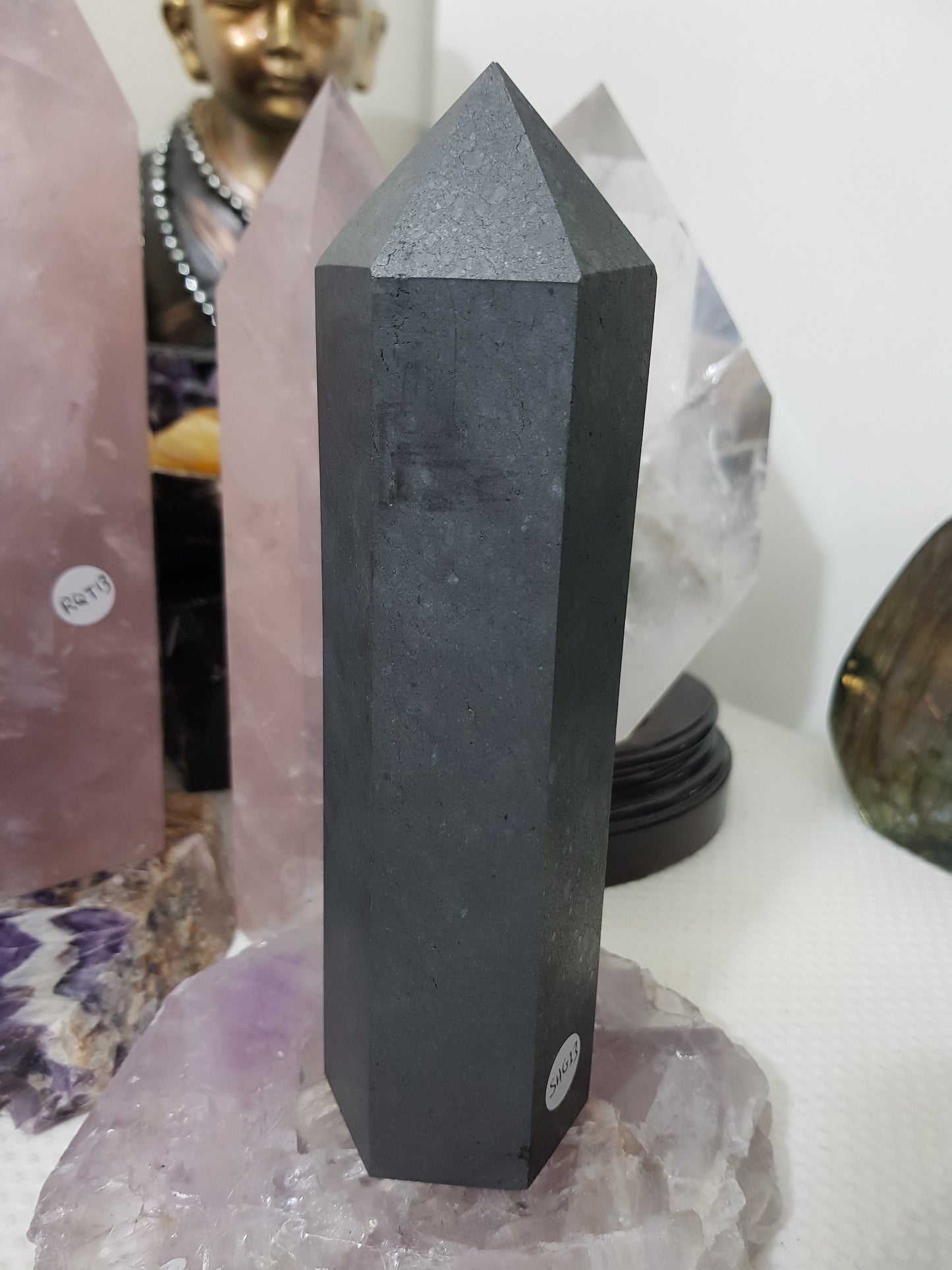 Shungite crystal point tower polished matte black standing point 18.5cm