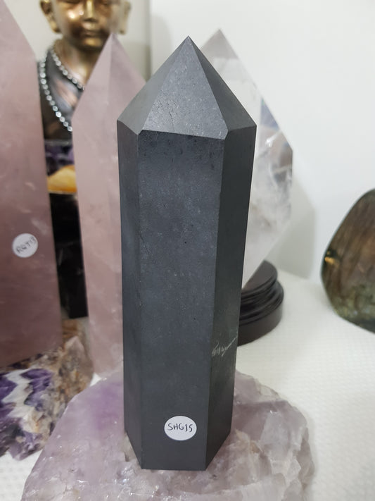 Shungite crystal point tower polished matte black standing point 18.5cm