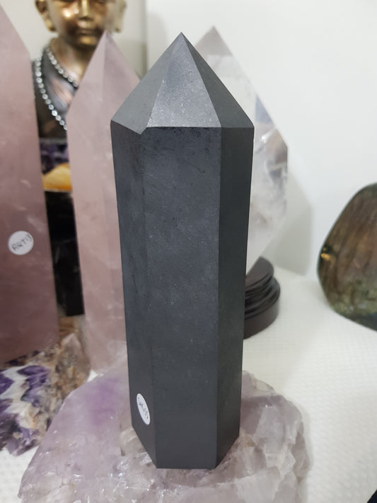 Shungite crystal point tower polished matte black standing point 18.5cm