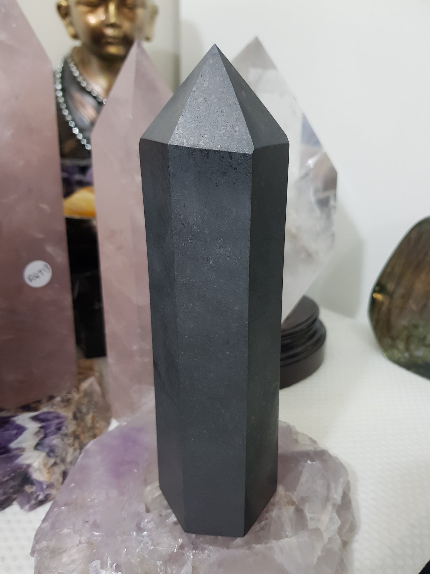 Shungite crystal point tower polished matte black standing point 18.5cm