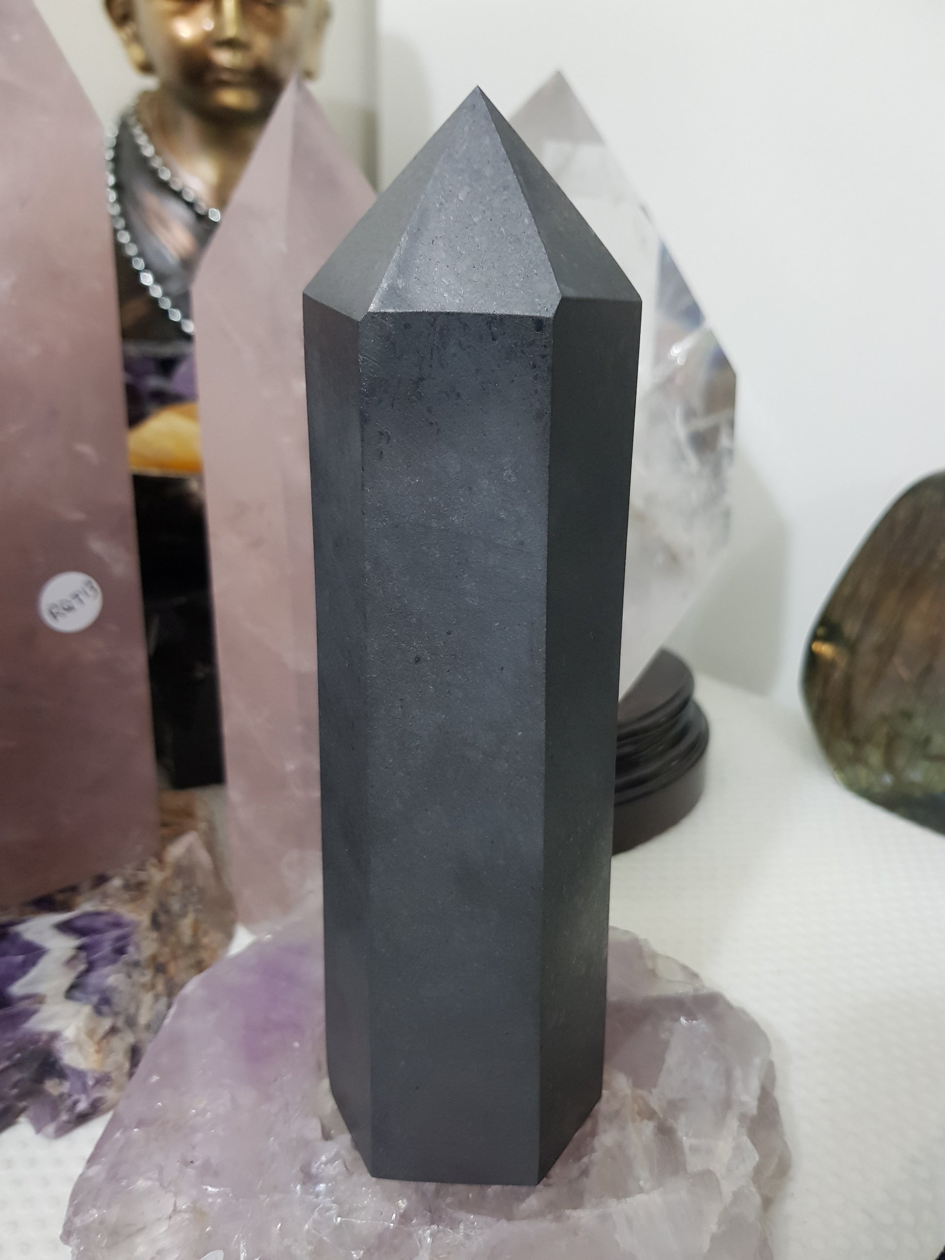 Shungite crystal point tower polished matte black standing point 18.5cm
