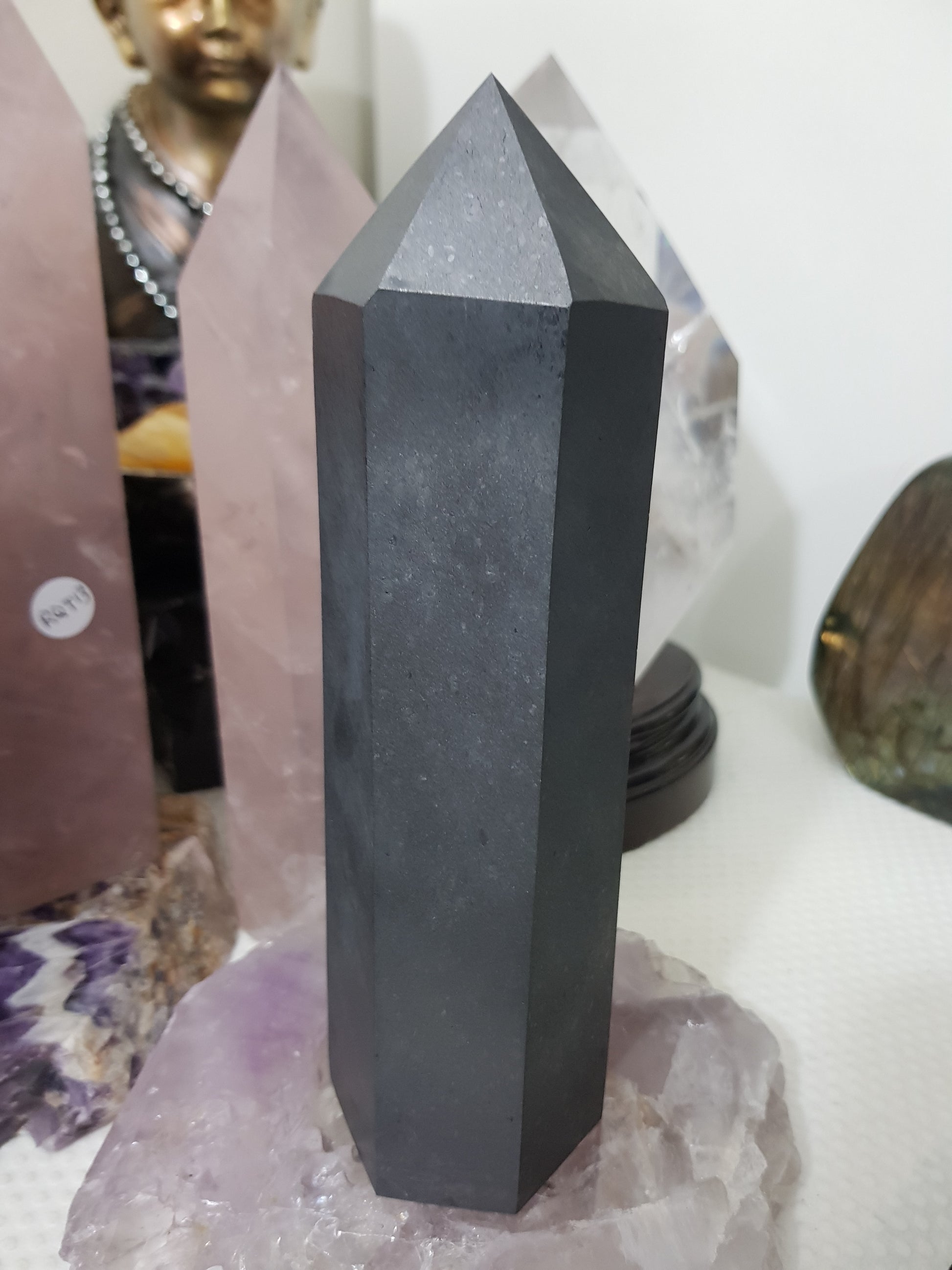 Shungite crystal point tower polished matte black standing point 18.5cm
