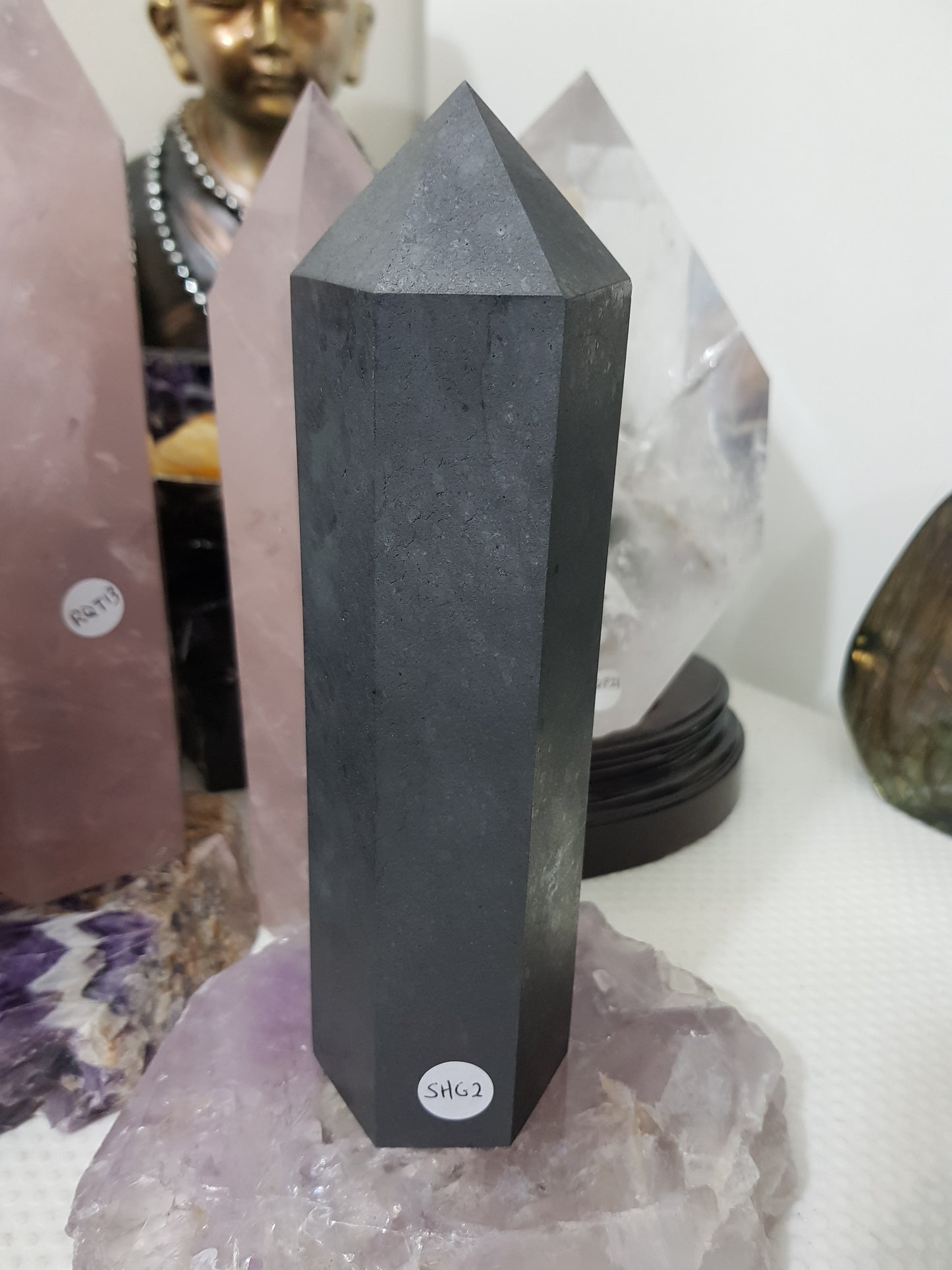 Shungite crystal point tower polished matte black standing point 18.5cm