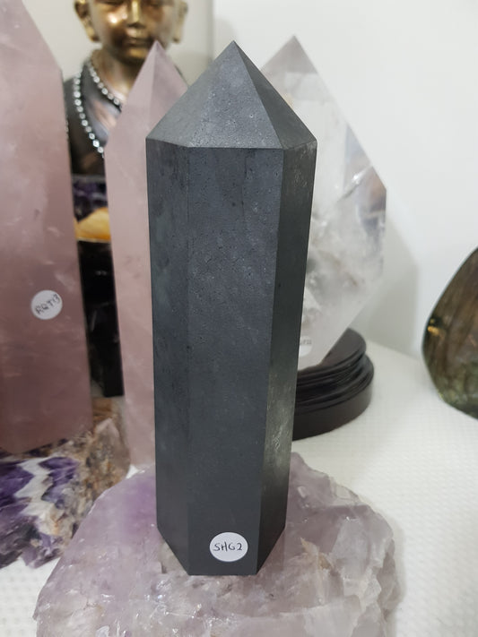 Shungite crystal point tower polished matte black standing point 18.5cm