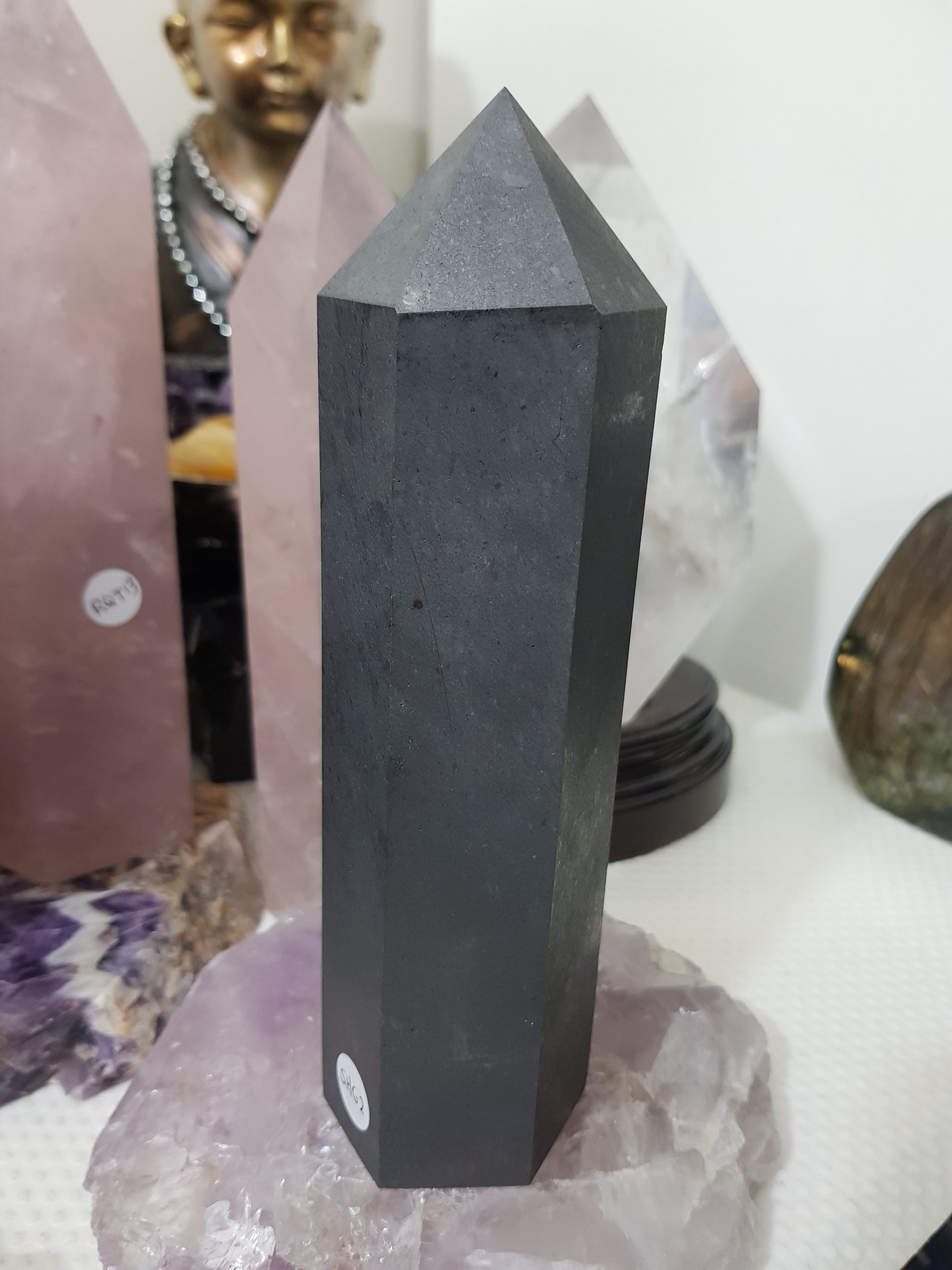 Shungite crystal point tower polished matte black standing point 18.5cm