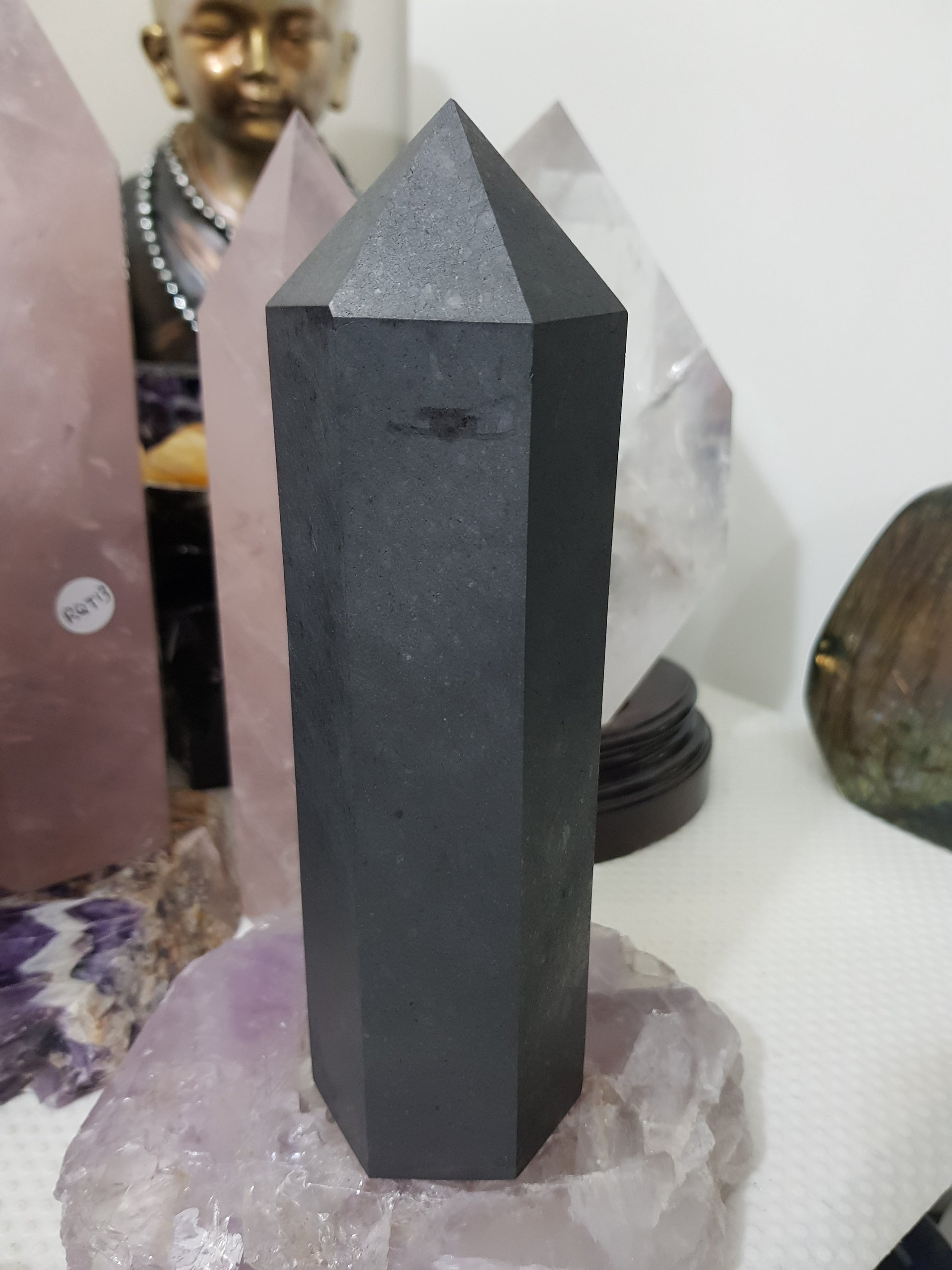 Shungite crystal point tower polished matte black standing point 18.5cm