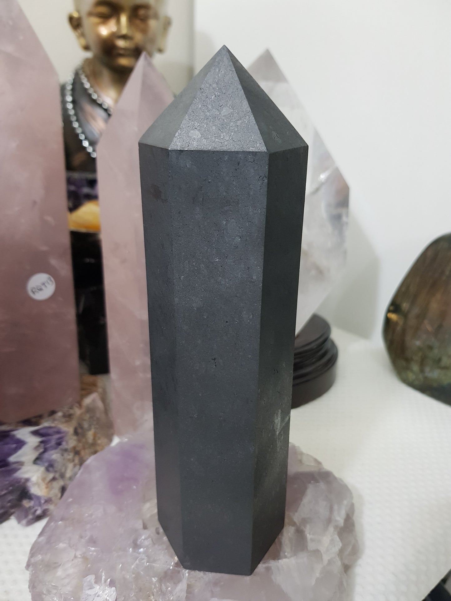 Shungite crystal point tower polished matte black standing point 18.5cm