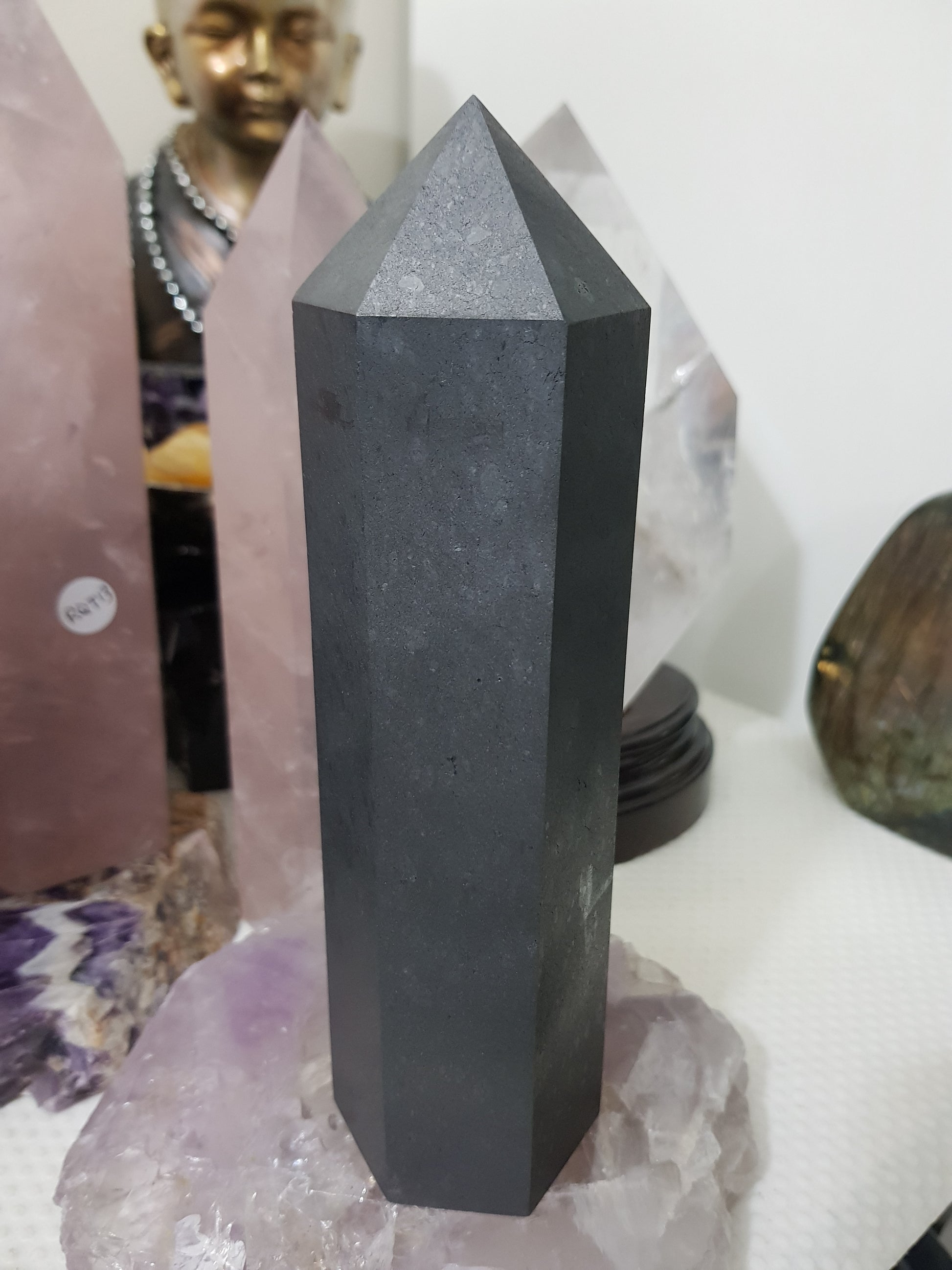 Shungite crystal point tower polished matte black standing point 18.5cm